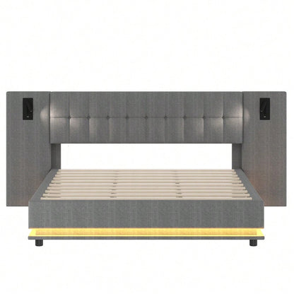 Polsterbett, 180*200cm, mit LED-Leiste, Kopfteil mit Spot, mit USB, ohne Matratze, Leinen, Grau