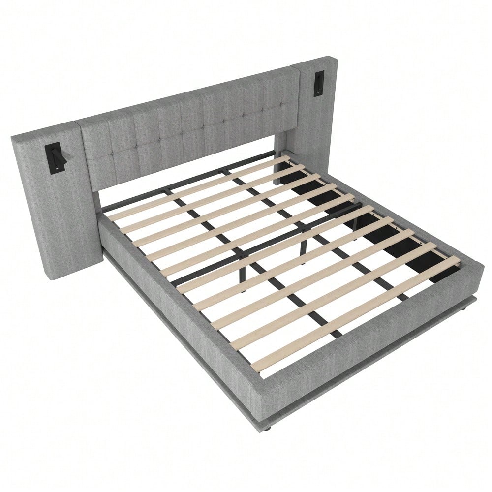 Polsterbett, 180*200cm, mit LED-Leiste, Kopfteil mit Spot, mit USB, ohne Matratze, Leinen, Grau