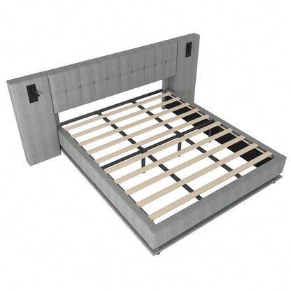 Polsterbett, 180*200cm, mit LED-Leiste, Kopfteil mit Spot, mit USB, ohne Matratze, Leinen, Grau