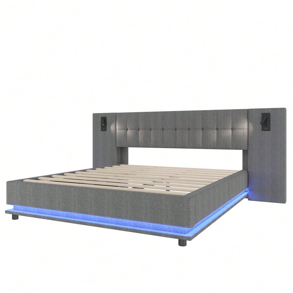 Polsterbett, 180*200cm, mit LED-Leiste, Kopfteil mit Spot, mit USB, ohne Matratze, Leinen, Grau