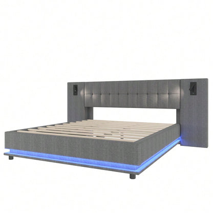 Polsterbett, 180*200cm, mit LED-Leiste, Kopfteil mit Spot, mit USB, ohne Matratze, Leinen, Grau