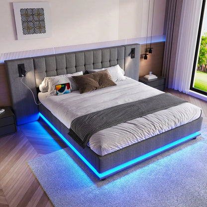 Polsterbett, 180*200cm, mit LED-Leiste, Kopfteil mit Spot, mit USB, ohne Matratze, Leinen, Grau