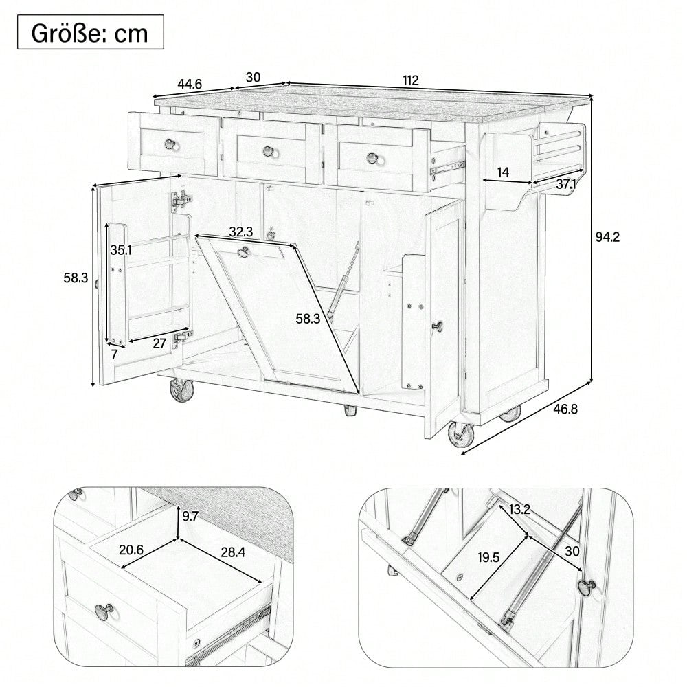 Kücheninsel mit Rollen, Ausziehbarer Essbereich Kücheninsel mit Abfallbehälterfach und Schubladen, Mobile Kücheninsel Ideal für Küche und Esszimmer (Weiß)