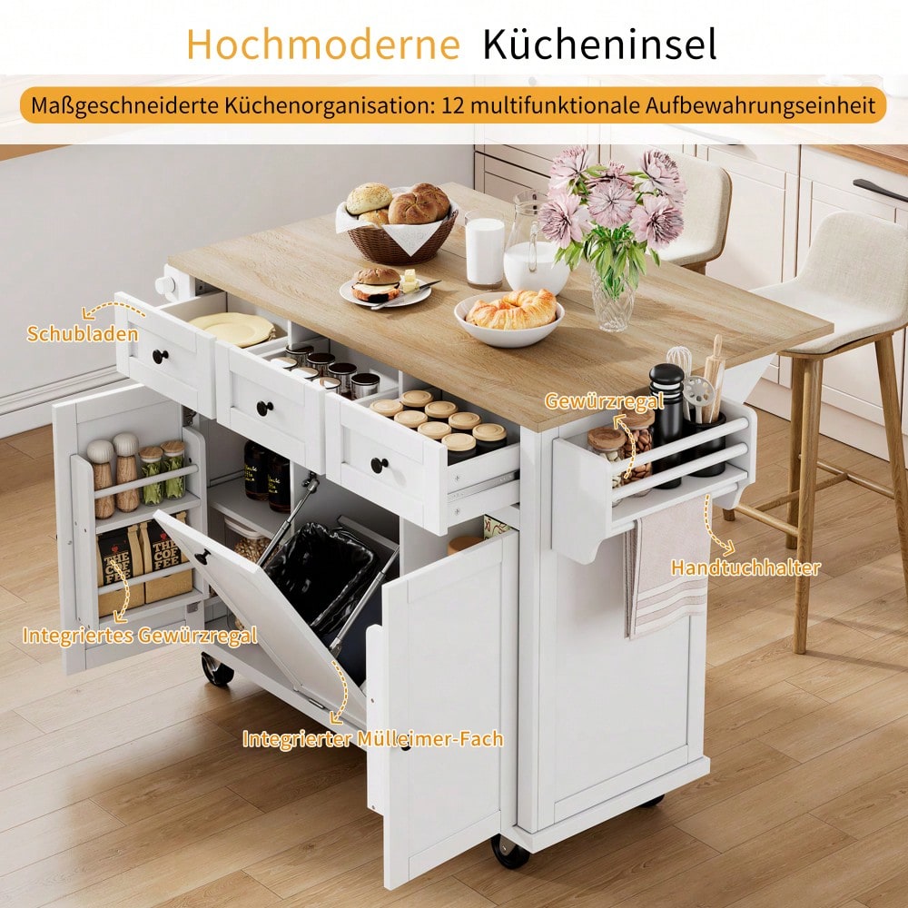 Kücheninsel mit Rollen, Ausziehbarer Essbereich Kücheninsel mit Abfallbehälterfach und Schubladen, Mobile Kücheninsel Ideal für Küche und Esszimmer (Weiß)