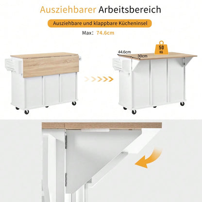 Kücheninsel mit Rollen, Ausziehbarer Essbereich Kücheninsel mit Abfallbehälterfach und Schubladen, Mobile Kücheninsel Ideal für Küche und Esszimmer (Weiß)