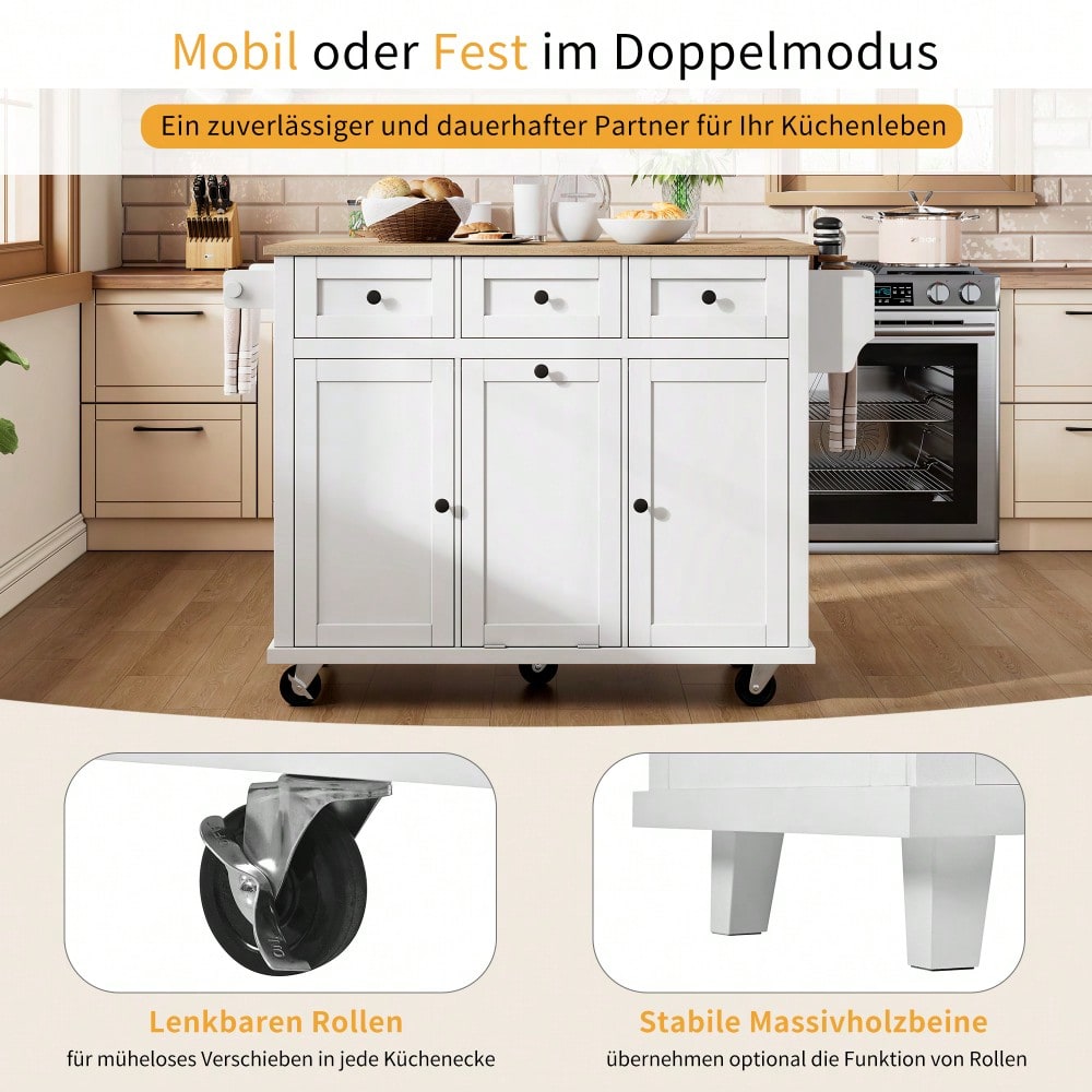 Kücheninsel mit Rollen, Ausziehbarer Essbereich Kücheninsel mit Abfallbehälterfach und Schubladen, Mobile Kücheninsel Ideal für Küche und Esszimmer (Weiß)