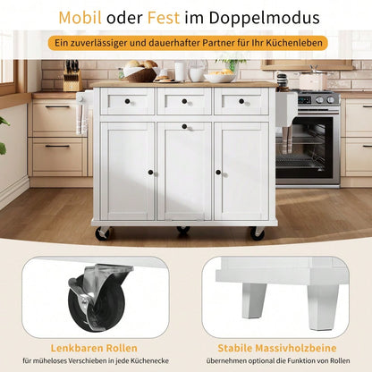Kücheninsel mit Rollen, Ausziehbarer Essbereich Kücheninsel mit Abfallbehälterfach und Schubladen, Mobile Kücheninsel Ideal für Küche und Esszimmer (Weiß)