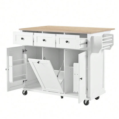 Kücheninsel mit Rollen, Ausziehbarer Essbereich Kücheninsel mit Abfallbehälterfach und Schubladen, Mobile Kücheninsel Ideal für Küche und Esszimmer (Weiß)