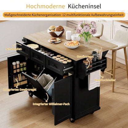Kücheninsel mit Rollen, Ausziehbarer Essbereich Kücheninsel mit Abfallbehälterfach und Schubladen, Mobile Kücheninsel Ideal für Küche und Esszimmer (Schwarz)