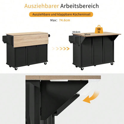 Kücheninsel mit Rollen, Ausziehbarer Essbereich Kücheninsel mit Abfallbehälterfach und Schubladen, Mobile Kücheninsel Ideal für Küche und Esszimmer (Schwarz)