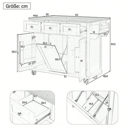 Kücheninsel mit Rollen, Ausziehbarer Essbereich Kücheninsel mit Abfallbehälterfach und Schubladen, Mobile Kücheninsel Ideal für Küche und Esszimmer (Grau)