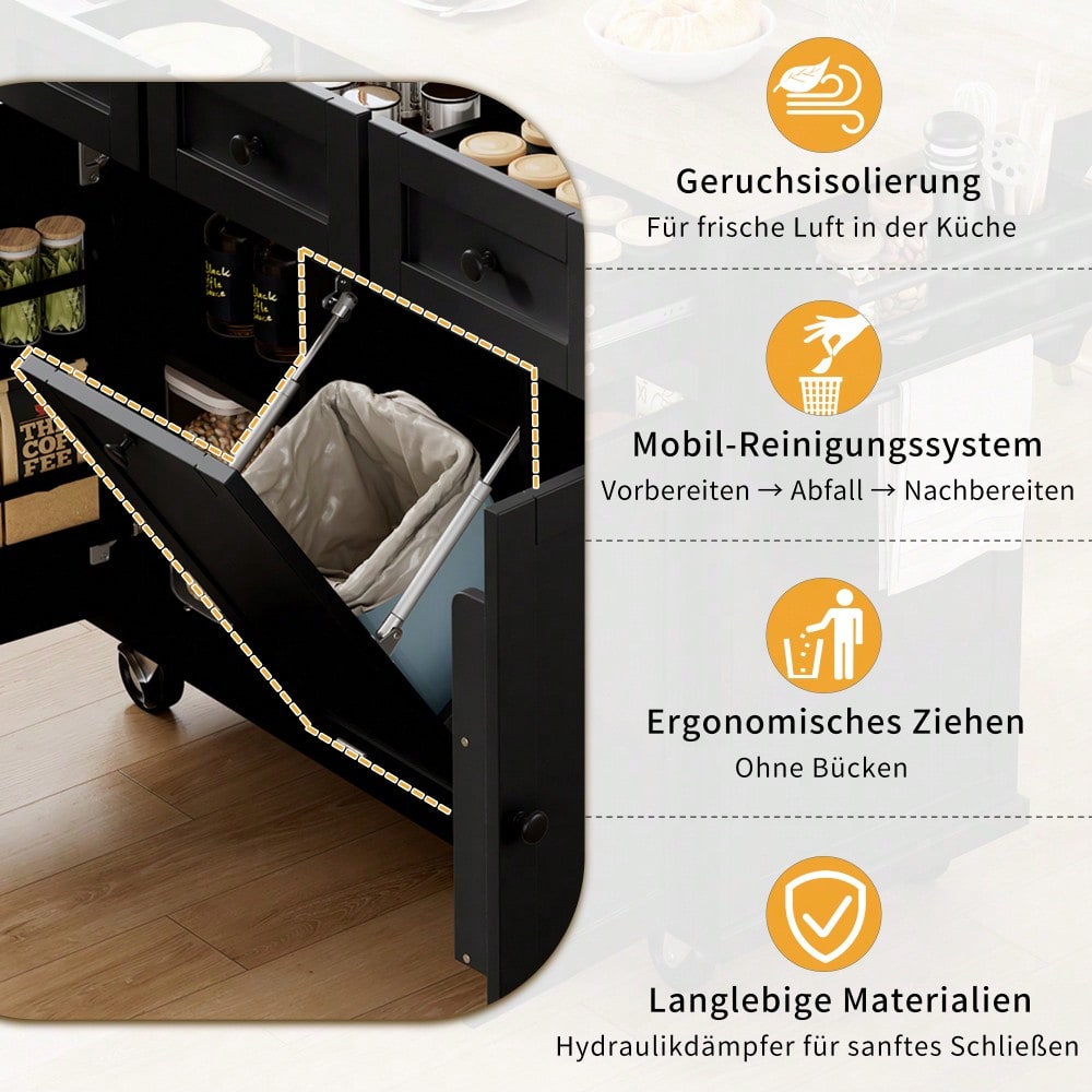Kücheninsel mit Rollen, Ausziehbarer Essbereich Kücheninsel mit Abfallbehälterfach und Schubladen, Mobile Kücheninsel Ideal für Küche und Esszimmer (Schwarz)