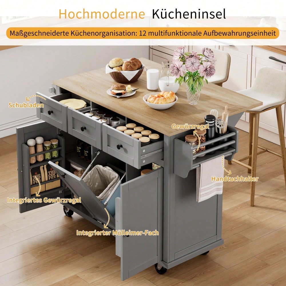 Kücheninsel mit Rollen, Ausziehbarer Essbereich Kücheninsel mit Abfallbehälterfach und Schubladen, Mobile Kücheninsel Ideal für Küche und Esszimmer (Grau)