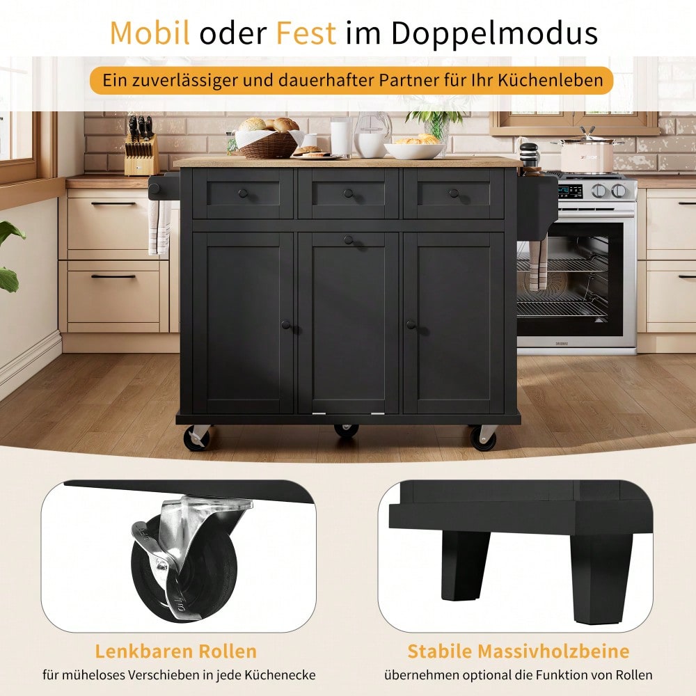 Kücheninsel mit Rollen, Ausziehbarer Essbereich Kücheninsel mit Abfallbehälterfach und Schubladen, Mobile Kücheninsel Ideal für Küche und Esszimmer (Schwarz)