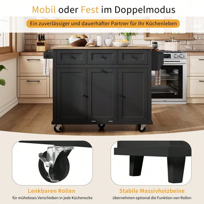 Kücheninsel mit Rollen, Ausziehbarer Essbereich Kücheninsel mit Abfallbehälterfach und Schubladen, Mobile Kücheninsel Ideal für Küche und Esszimmer (Schwarz)
