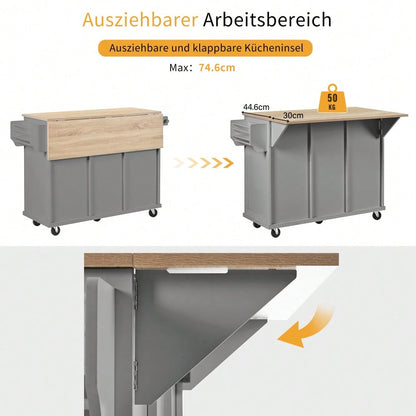 Kücheninsel mit Rollen, Ausziehbarer Essbereich Kücheninsel mit Abfallbehälterfach und Schubladen, Mobile Kücheninsel Ideal für Küche und Esszimmer (Grau)