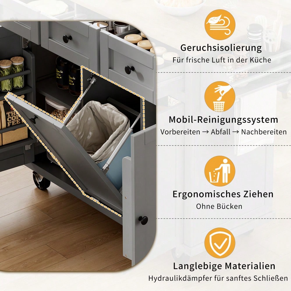 Kücheninsel mit Rollen, Ausziehbarer Essbereich Kücheninsel mit Abfallbehälterfach und Schubladen, Mobile Kücheninsel Ideal für Küche und Esszimmer (Grau)