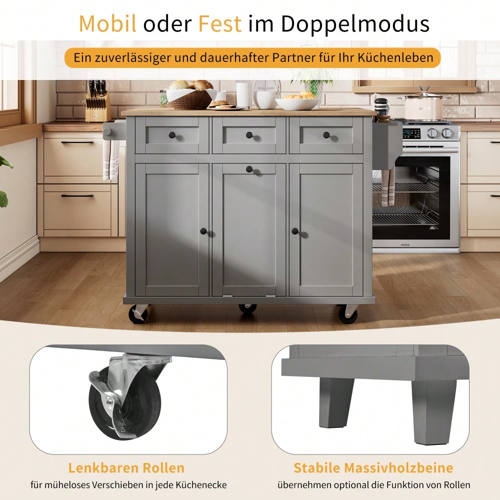 Kücheninsel mit Rollen, Ausziehbarer Essbereich Kücheninsel mit Abfallbehälterfach und Schubladen, Mobile Kücheninsel Ideal für Küche und Esszimmer (Grau)
