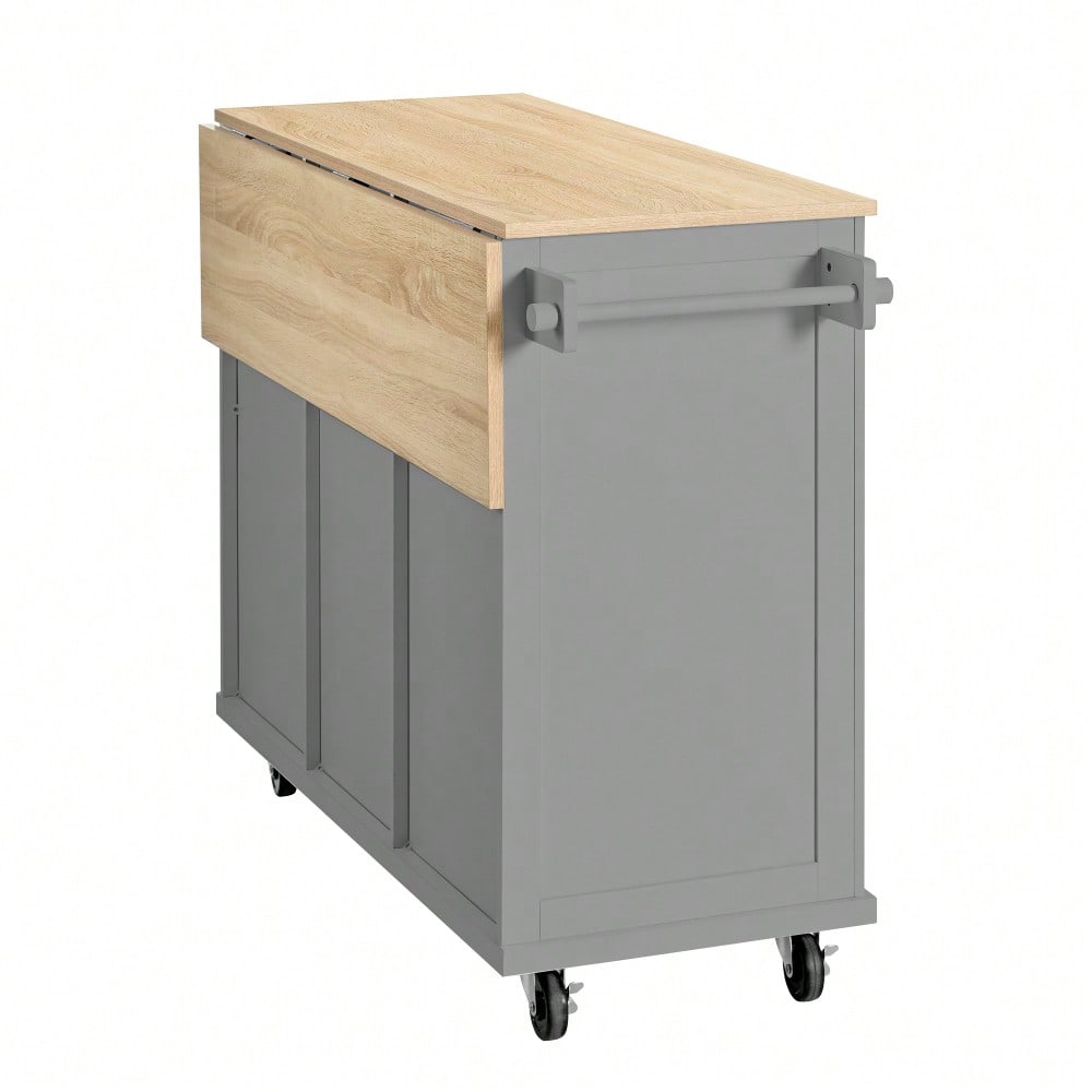 Kücheninsel mit Rollen, Ausziehbarer Essbereich Kücheninsel mit Abfallbehälterfach und Schubladen, Mobile Kücheninsel Ideal für Küche und Esszimmer (Grau)