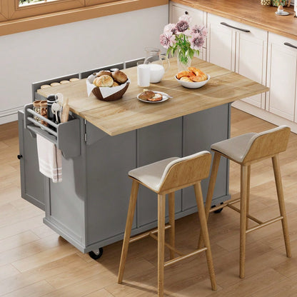 Kücheninsel mit Rollen, Ausziehbarer Essbereich Kücheninsel mit Abfallbehälterfach und Schubladen, Mobile Kücheninsel Ideal für Küche und Esszimmer (Grau)
