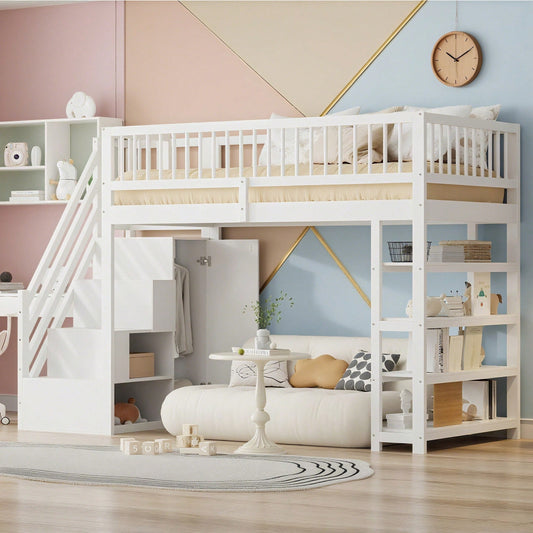 Hochbett 90 x 200, Hochzaun-Sicherheitsdesign mit Kleiderschrank, Regalen und Stauraum mit Sicherheitskletterleiter, Multifunktionsbett, Massivholzbett, weiß