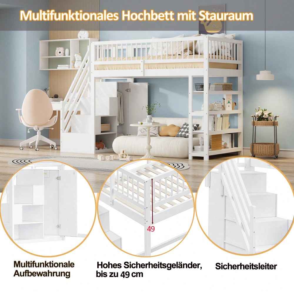 Hochbett 90 x 200, Hochzaun-Sicherheitsdesign mit Kleiderschrank, Regalen und Stauraum mit Sicherheitskletterleiter, Multifunktionsbett, Massivholzbett, weiß