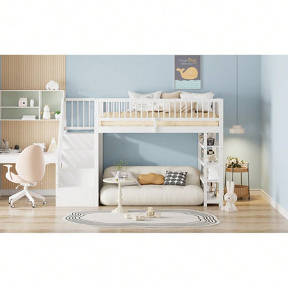 Hochbett 90 x 200, Hochzaun-Sicherheitsdesign mit Kleiderschrank, Regalen und Stauraum mit Sicherheitskletterleiter, Multifunktionsbett, Massivholzbett, weiß