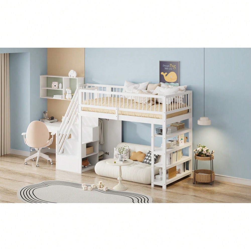 Hochbett 90 x 200, Hochzaun-Sicherheitsdesign mit Kleiderschrank, Regalen und Stauraum mit Sicherheitskletterleiter, Multifunktionsbett, Massivholzbett, weiß