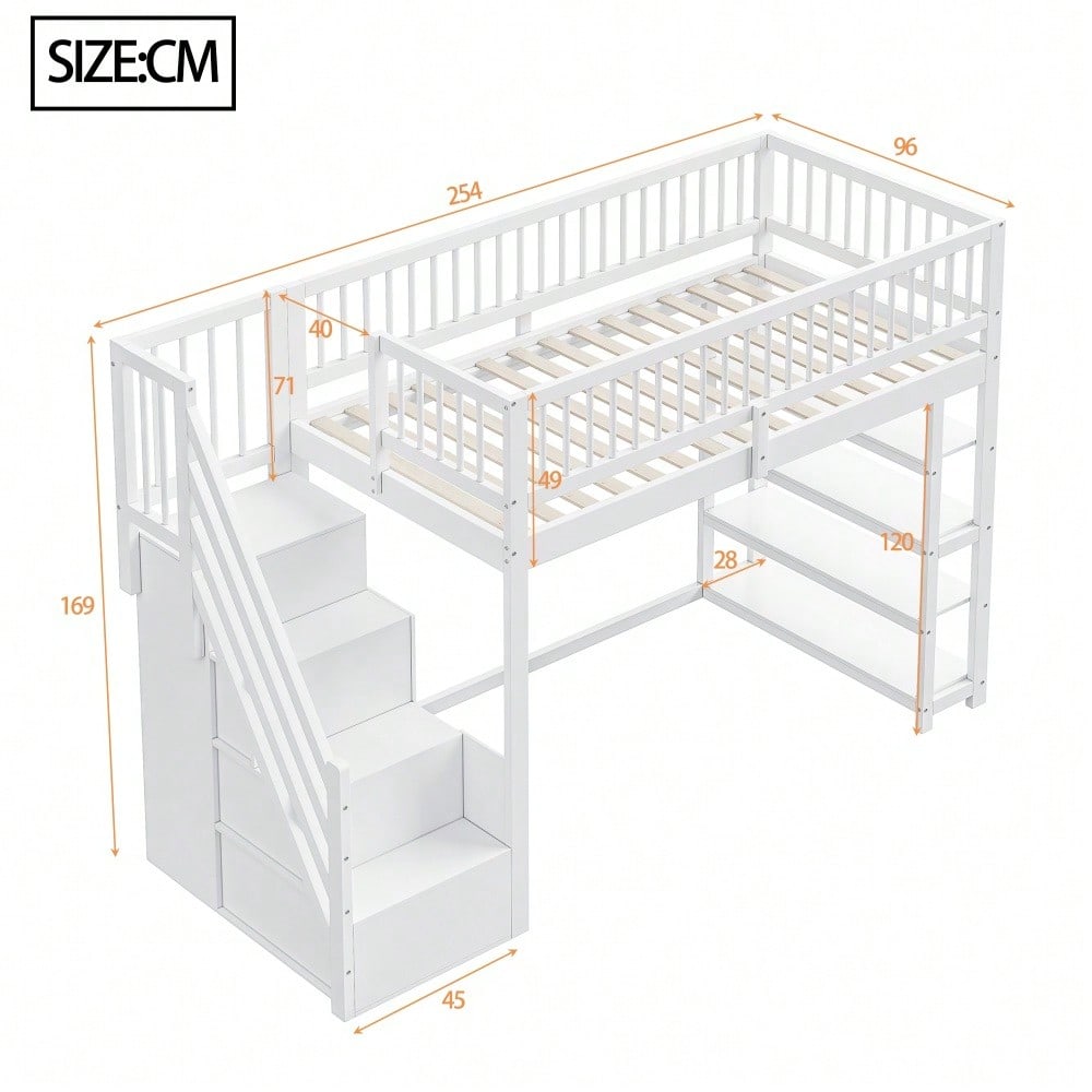 Hochbett 90 x 200, Hochzaun-Sicherheitsdesign mit Kleiderschrank, Regalen und Stauraum mit Sicherheitskletterleiter, Multifunktionsbett, Massivholzbett, weiß