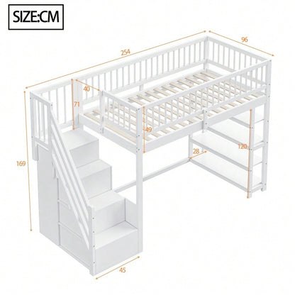 Hochbett 90 x 200, Hochzaun-Sicherheitsdesign mit Kleiderschrank, Regalen und Stauraum mit Sicherheitskletterleiter, Multifunktionsbett, Massivholzbett, weiß