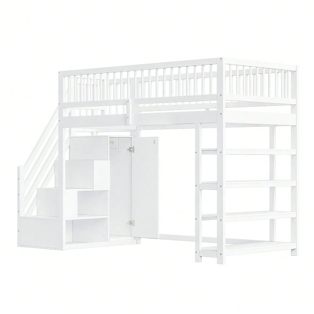Hochbett 90 x 200, Hochzaun-Sicherheitsdesign mit Kleiderschrank, Regalen und Stauraum mit Sicherheitskletterleiter, Multifunktionsbett, Massivholzbett, weiß