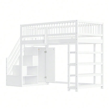 Hochbett 90 x 200, Hochzaun-Sicherheitsdesign mit Kleiderschrank, Regalen und Stauraum mit Sicherheitskletterleiter, Multifunktionsbett, Massivholzbett, weiß
