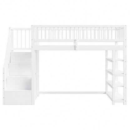 Hochbett 90 x 200, Hochzaun-Sicherheitsdesign mit Kleiderschrank, Regalen und Stauraum mit Sicherheitskletterleiter, Multifunktionsbett, Massivholzbett, weiß