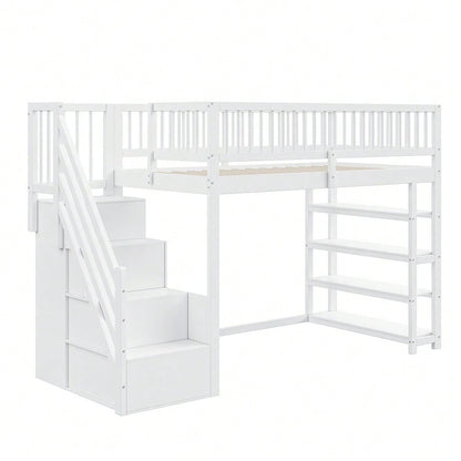 Hochbett 90 x 200, Hochzaun-Sicherheitsdesign mit Kleiderschrank, Regalen und Stauraum mit Sicherheitskletterleiter, Multifunktionsbett, Massivholzbett, weiß