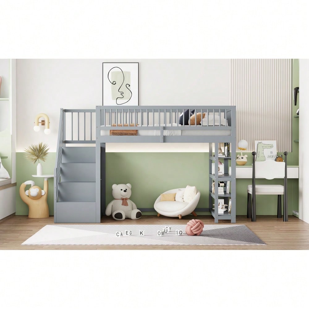 Hochbett 90 x 200, Hochzaun-Sicherheitsdesign mit Kleiderschrank, Regalen und Stauraum mit Sicherheitskletterleiter, Multifunktionsbett, Massivholzbett, Grau