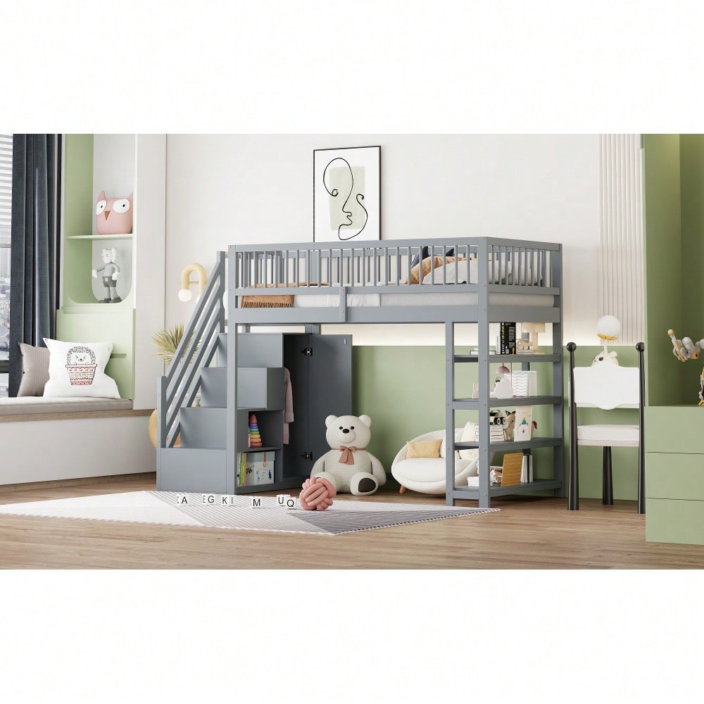 Hochbett 90 x 200, Hochzaun-Sicherheitsdesign mit Kleiderschrank, Regalen und Stauraum mit Sicherheitskletterleiter, Multifunktionsbett, Massivholzbett, Grau