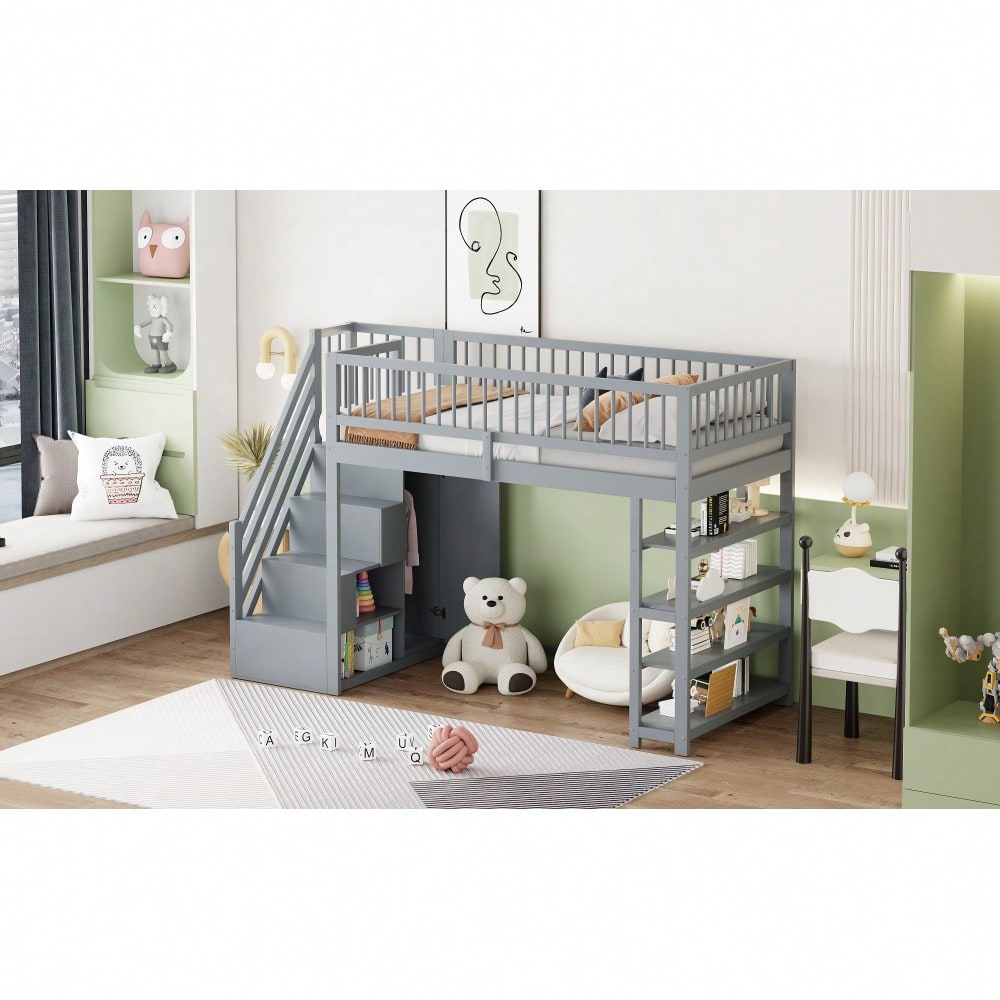 Hochbett 90 x 200, Hochzaun-Sicherheitsdesign mit Kleiderschrank, Regalen und Stauraum mit Sicherheitskletterleiter, Multifunktionsbett, Massivholzbett, Grau