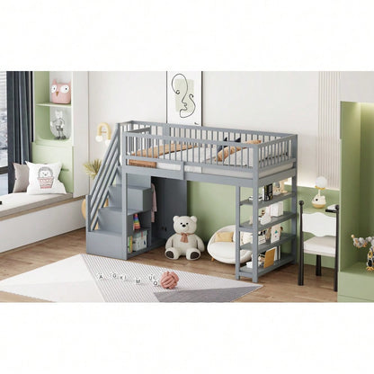 Hochbett 90 x 200, Hochzaun-Sicherheitsdesign mit Kleiderschrank, Regalen und Stauraum mit Sicherheitskletterleiter, Multifunktionsbett, Massivholzbett, Grau