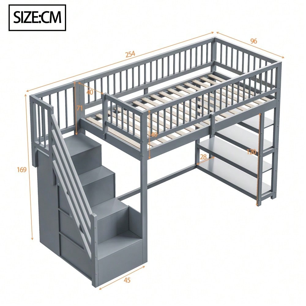 Hochbett 90 x 200, Hochzaun-Sicherheitsdesign mit Kleiderschrank, Regalen und Stauraum mit Sicherheitskletterleiter, Multifunktionsbett, Massivholzbett, Grau