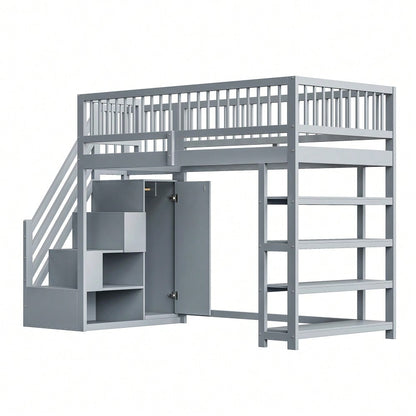 Hochbett 90 x 200, Hochzaun-Sicherheitsdesign mit Kleiderschrank, Regalen und Stauraum mit Sicherheitskletterleiter, Multifunktionsbett, Massivholzbett, Grau