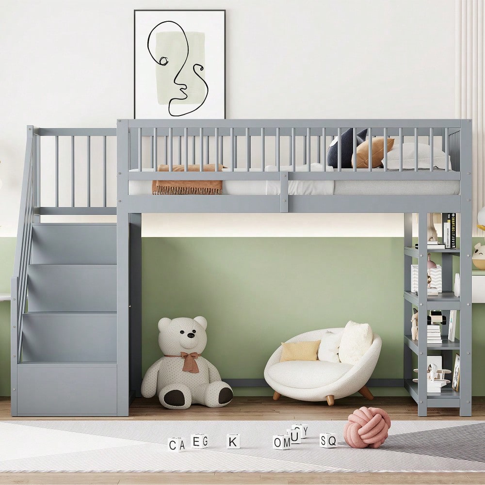 Hochbett 90 x 200, Hochzaun-Sicherheitsdesign mit Kleiderschrank, Regalen und Stauraum mit Sicherheitskletterleiter, Multifunktionsbett, Massivholzbett, Grau