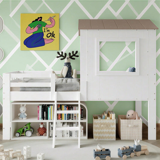Kinderbett, Halbhohes Bett, Hausbett mit Dach und Fenster, Vierseitiger Zaun, mit kleine Treppe, Freier Stauraum unter dem Bett, Kiefer + MDF + Sperrholz, Weiß+Natur, 90x200cm