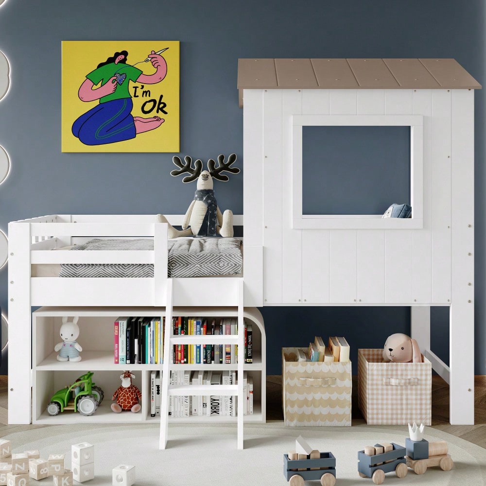 Kinderbett, Halbhohes Bett, Hausbett mit Dach und Fenster, Vierseitiger Zaun, mit kleine Treppe, Freier Stauraum unter dem Bett, Kiefer + MDF + Sperrholz, Weiß+Natur, 90x200cm