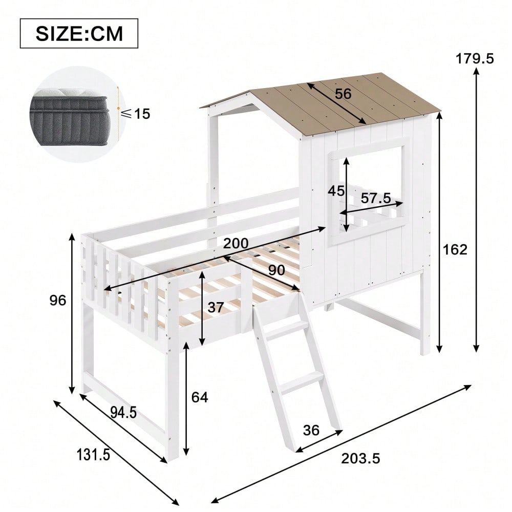 Kinderbett, Halbhohes Bett, Hausbett mit Dach und Fenster, Vierseitiger Zaun, mit kleine Treppe, Freier Stauraum unter dem Bett, Kiefer + MDF + Sperrholz, Weiß+Natur, 90x200cm