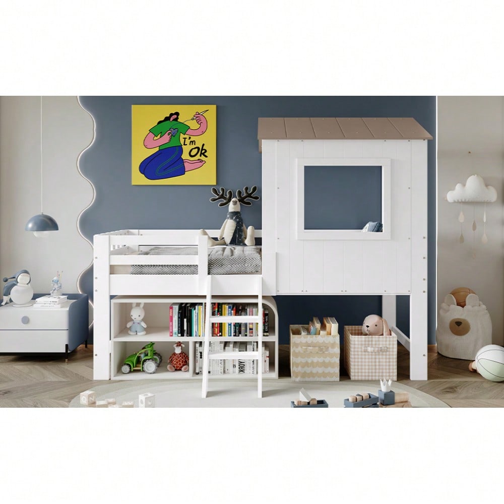 Kinderbett, Halbhohes Bett, Hausbett mit Dach und Fenster, Vierseitiger Zaun, mit kleine Treppe, Freier Stauraum unter dem Bett, Kiefer + MDF + Sperrholz, Weiß+Natur, 90x200cm