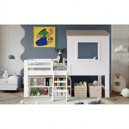 Kinderbett, Halbhohes Bett, Hausbett mit Dach und Fenster, Vierseitiger Zaun, mit kleine Treppe, Freier Stauraum unter dem Bett, Kiefer + MDF + Sperrholz, Weiß+Natur, 90x200cm