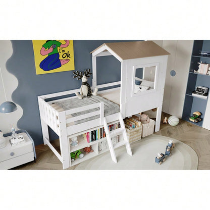 Kinderbett, Halbhohes Bett, Hausbett mit Dach und Fenster, Vierseitiger Zaun, mit kleine Treppe, Freier Stauraum unter dem Bett, Kiefer + MDF + Sperrholz, Weiß+Natur, 90x200cm