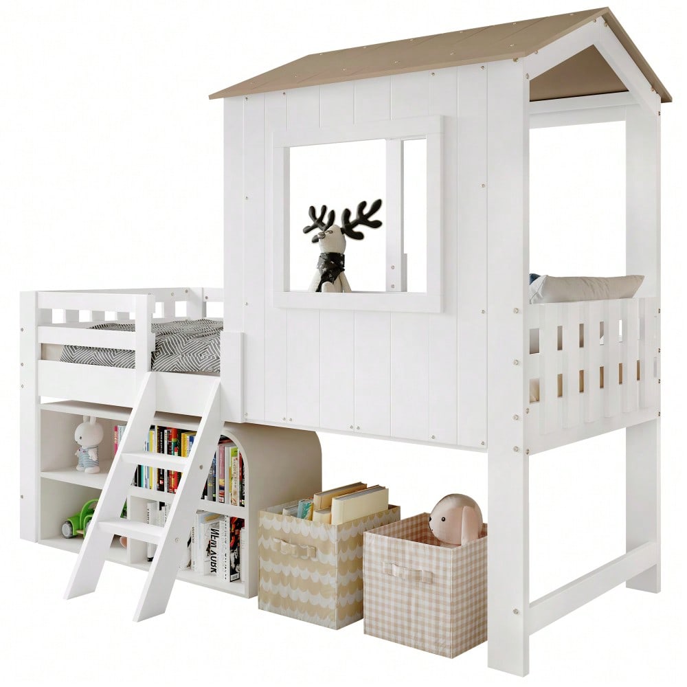 Kinderbett, Halbhohes Bett, Hausbett mit Dach und Fenster, Vierseitiger Zaun, mit kleine Treppe, Freier Stauraum unter dem Bett, Kiefer + MDF + Sperrholz, Weiß+Natur, 90x200cm