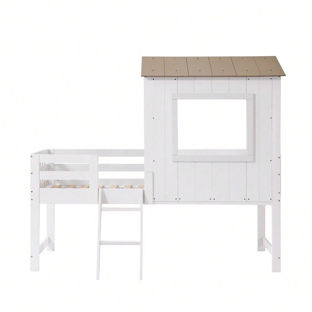 Kinderbett, Halbhohes Bett, Hausbett mit Dach und Fenster, Vierseitiger Zaun, mit kleine Treppe, Freier Stauraum unter dem Bett, Kiefer + MDF + Sperrholz, Weiß+Natur, 90x200cm
