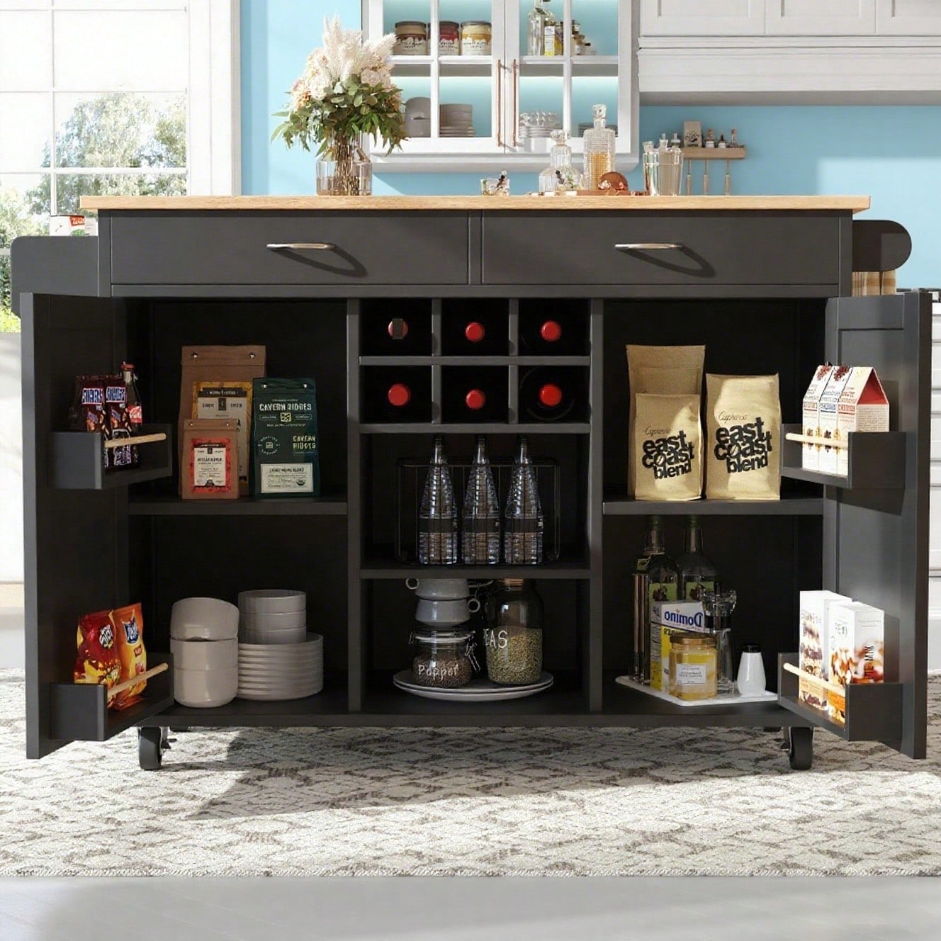 Moderne Kücheninsel(102×45×92cm), Küchenschrank,  buffetschrank, Speisewagen mit Holzmaserung, buffetschrank, Multifunktionale Esstisch mit Speicherraum, Schwarz